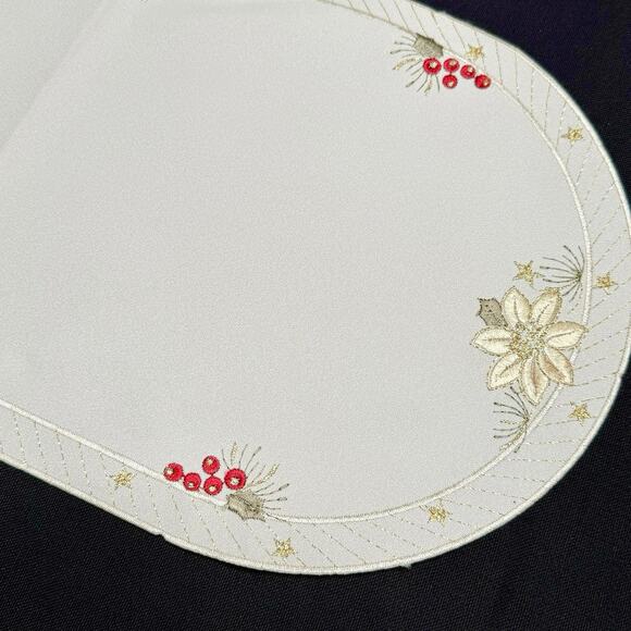 Embroidered Christmas Table Runner 11x22 Poinsettia Germany Gold Thread Washable - Picture 1 of 7